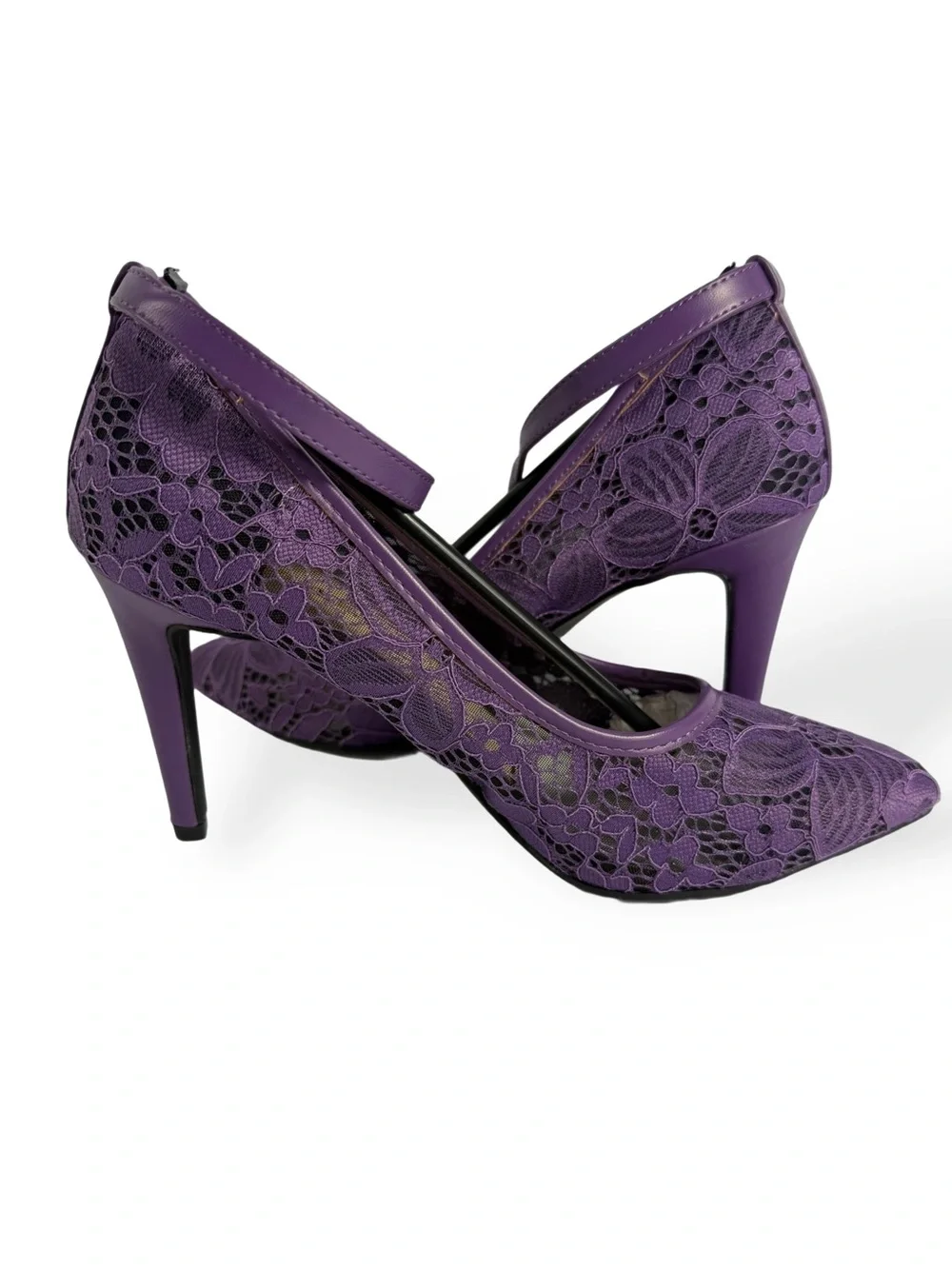 Purple Lace Pointed-Toe Ankle-Strap Heels